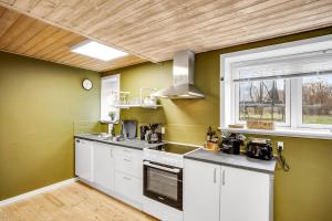 a kitchen with green walls and white cabinets at Fewo Vidstrup Hygge in Vidstrup +7 photos