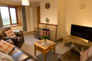 a living room with leather couches and a fireplace at Taftnica in Burray Village