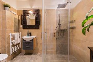 a bathroom with a shower and a sink at Gästezimmer IV Einzelzimmer in Unterkunft mit Gemeinschaftsbad und Gemeinschaftsküche Chemnitz in Chemnitz