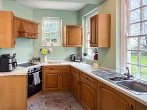 a kitchen with wooden cabinets and a sink at Hilston Park in Monmouth