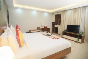 a hotel room with a bed and a television at Hotel Barmoi in Freetown
