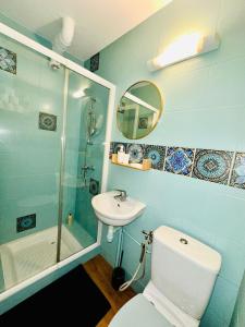 a bathroom with a toilet and a sink and a shower at petit studio de bourgogne in Saint-Albain