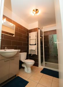 a bathroom with a toilet and a sink and a shower at Hotel Le Richelieu in Le Tréport