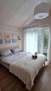 a bedroom with a large bed with a dog laying on it at Садиба Пташка in Krivopolʼye