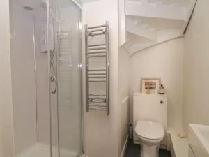 a white bathroom with a shower and a toilet at The Old Studio in Penzance +21 photos