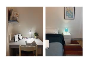 two pictures of a bedroom with a desk and a bed at Casa Pepe in Pisa