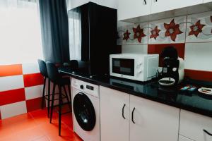 a kitchen with a microwave and a counter top at Studio Vata in Vaţa de Jos