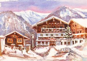 a painting of a house in the snow at Alpengasthof Pichler in Sankt Veit in Defereggen