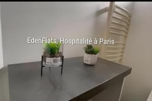 two potted plants sitting on a table in a room at Citronnelle, 2 Chambres, 3 min Métro 8 in Maisons-Alfort