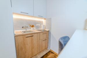 a bathroom with a sink and a mirror at Studio H&M in Užice