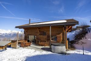 a log cabin in the snow with a trash can at Chalet Nid Blanc in Nendaz