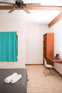 a bedroom with a bed and a desk and a chair at Balu Hotel in Isla Mujeres