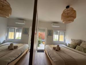 two beds in a room with two windows at La Vie Est Belle climatisé à 5 min de la plage in Dunkerque