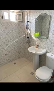 a bathroom with a toilet and a sink and a mirror at Appartement familial villa 110 m2 jardin et piscine in Meknès +14 photos