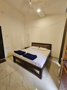 a bedroom with a bed with blue sheets on it at Zen Villa in Murūd +9 photos