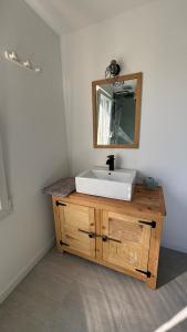 a bathroom with a white sink and a mirror at Maisonnette avec terrasse in Montauban