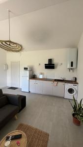 a living room with a couch and a kitchen at Maisonnette avec terrasse in Montauban