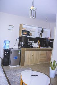 a kitchen with a counter with a stove and a microwave at TanuStays - Modern 1 Bedroom at Royal Suburbs Tsavo, near TRM in Nairobi +3 photos
