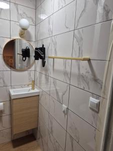 a bathroom with a sink and a mirror at Iago Lodge ,gare et aéroport à proximité in Beauvais +27 photos