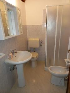 a bathroom with a sink and a toilet and a shower at Casa Roberta in Martis
