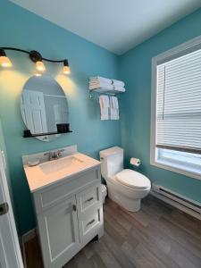 a bathroom with a toilet and a sink and a mirror at Drift Ashore House in Rocky Harbour +13 photos