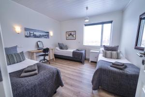 a living room with two beds and a couch at Lynghagi House in Vegamót