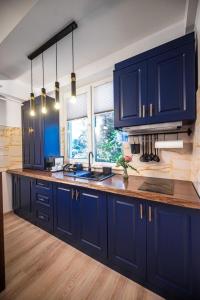 a kitchen with blue cabinets and a sink at Studio Noa Escape in Saturn