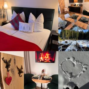 a collage of pictures of a hotel room with a bed and a fireplace at BergOase-Apart am Feldberg in Feldberg