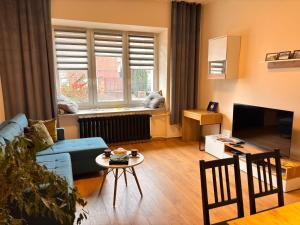 a living room with a blue couch and a table at Apart Brzeg in Brzeg