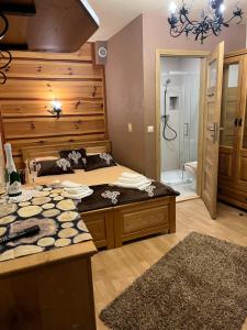 a bedroom with a large bed and a bathroom at Dom Gościnny Pieniny, centrum Szczawnicy in Szczawnica +41 photos