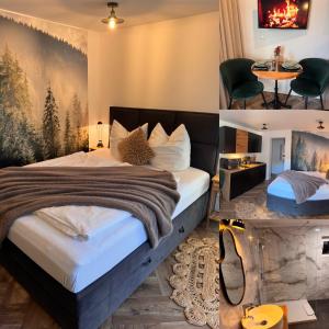 a bedroom with a bed and a table and chairs at BergOase-Apart am Feldberg in Feldberg