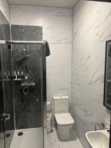 a bathroom with a shower and a toilet and a sink at Beach View Guesthouse in Peterhead +14 photos