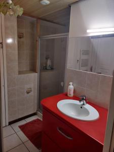 a bathroom with a red sink and a shower at Maison de campagne in Le Puy +10 photos