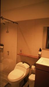 a bathroom with a toilet and a sink and a shower at Hotel Jardin Boutique rodadero in Santa Marta