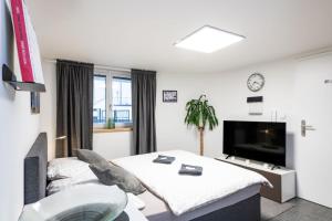 a living room with a bed and a tv at Kolonie Apartments in Žabovřesky