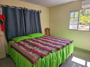 a bedroom with a bed with a green comforter and a window at Honey Beach House in La Esmeralda +40 photos