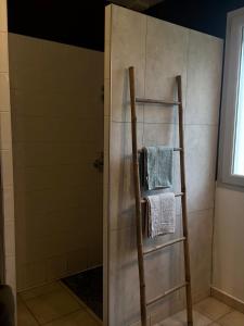 a shower with two towels on a ladder in a bathroom at Aux Portes de La Roussille in Niort +32 photos