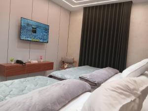 a hospital room with two beds and a tv on the wall at Elmandara Residence in Alexandria