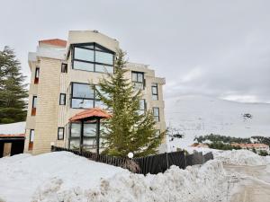 a building with a tree in the snow at Mountain View Ariz in Al Arz