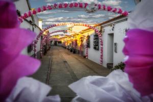 an alleyway with an arch with flowers and lights at La Casita de Val in Valdelacalzada