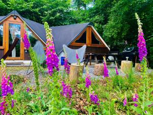 a cabin with purple flowers in front of it at Chambre avec jacuzzi ou Chalets dans les bois in Gesves +17 photos