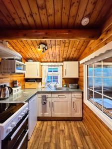 a kitchen with white appliances and a wooden ceiling at Snowdonia Escape in Trawsfynydd