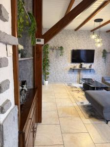 a living room with a couch and a tv at Les Cinq Étoiles in Remiremont