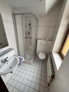 a bathroom with a shower and a sink and a toilet at Hotel Merkur in Zwickau