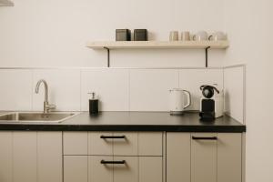 a white kitchen with a sink and a counter top at De Vlaeke in Kerkwerve
