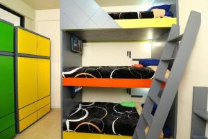 two bunk beds in a room with a ladder at Hostal Peña de Carlo in Toluca