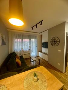 a living room with a green couch and a table at Emerald Mamba - Titova Vila in Zlatibor
