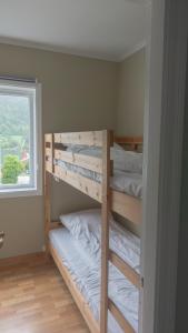 two bunk beds in a room with a window at Svingen Apartments in Balestrand