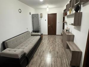 a living room with a couch and a wooden floor at Casa Foltea in Călimăneşti