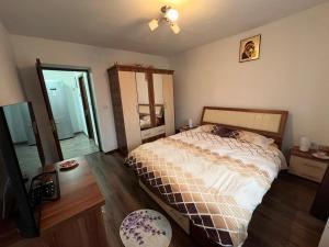 a bedroom with a bed and a dresser in it at Casa Foltea in Călimăneşti